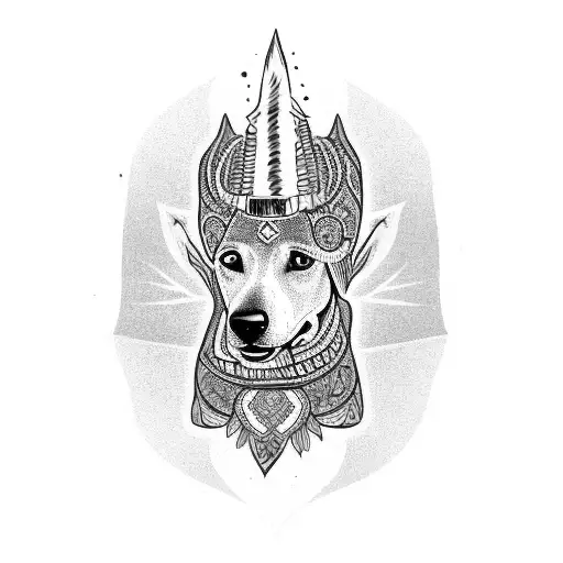 A Blackwork Tattoo Of A Mexican Hairless Dog Wearing An Aztec Headdress