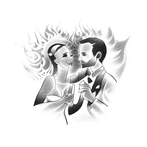 Silhoutte Od Couple Dancing With A Flame Heart In The Background Black And White