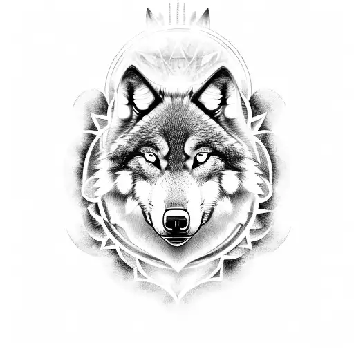 Mystical Wolf With A Third Eye With The Mouth Closed In Black And White Design For A Neck