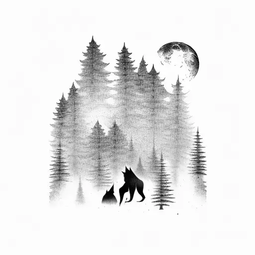 Moonlit Forest With A Pack Of Wolves Howling At The Moon