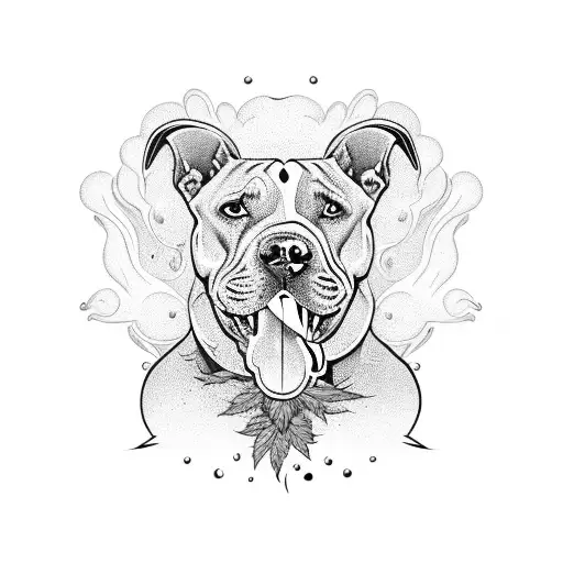 A Majestic Pitbull Surrounded By Swirling Smoke And Cannabis Leaves