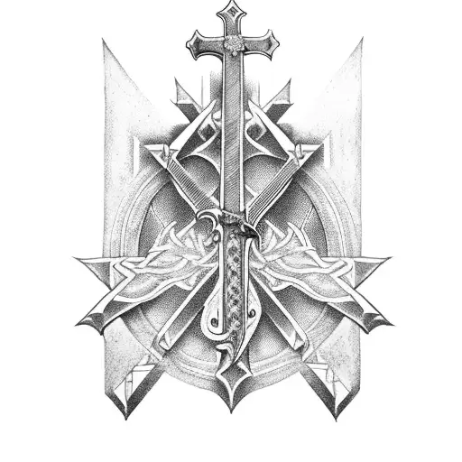 Metal At Top Cross Changes To Sword At End With Phrase Nihil Sine Deo Steel Cut Into Blade