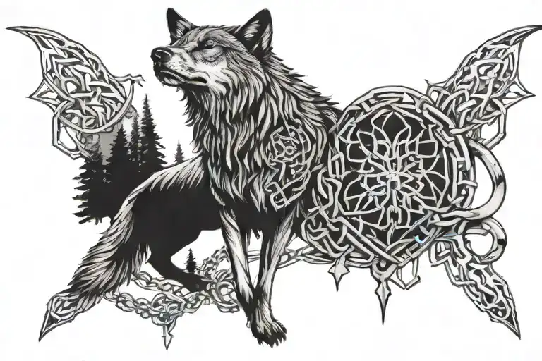 Chest Tattoo With A Heart In Chains And A Wolf And Some Forest