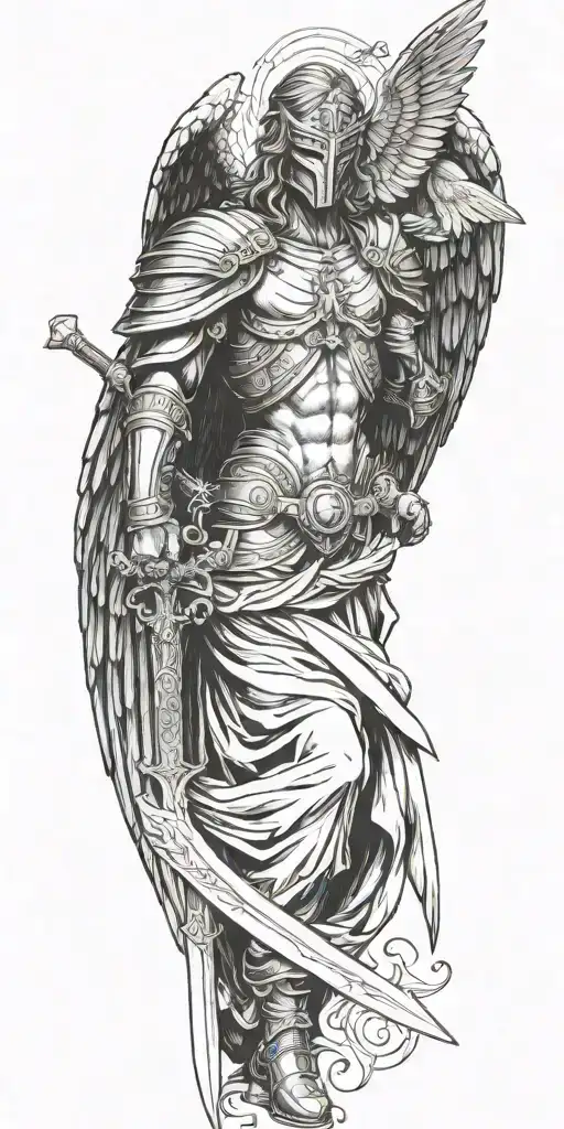 Archangel With Mask Holding Sword Piercing Ground With Cross