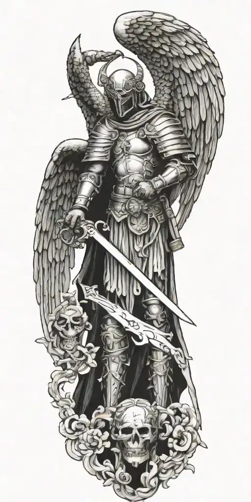 Archangel With Mask Holding Sword Piercing Ground With Cross