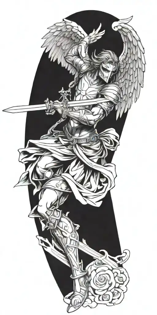 Archangel With Mask Holding Sword Piercing Ground With Cross