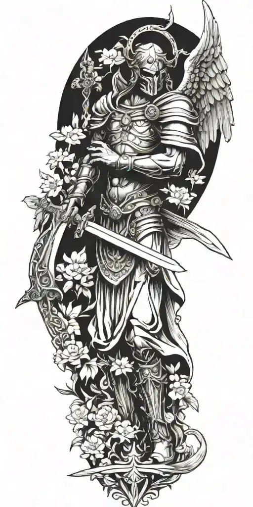 Archangel With Mask Holding Sword Piercing Ground With Cross