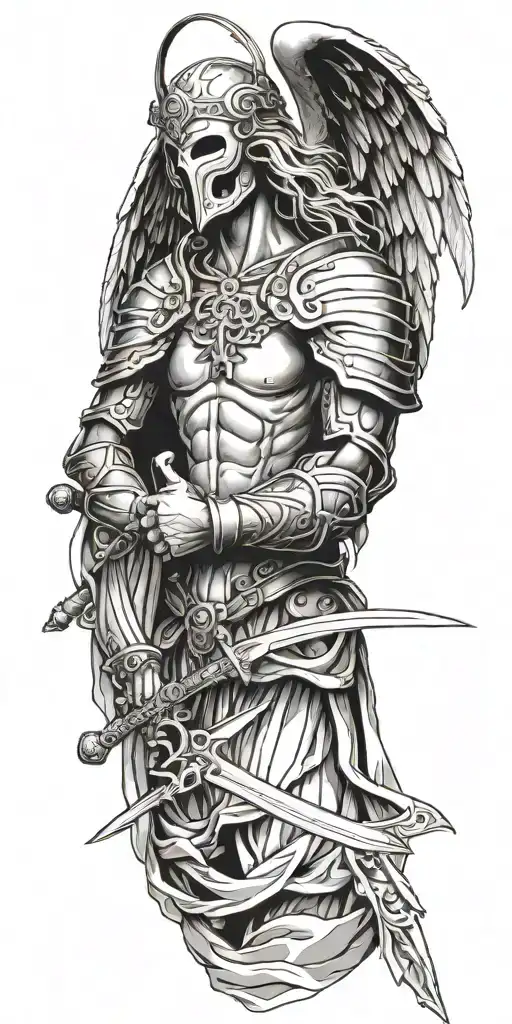 Archangel With Mask Holding Sword Piercing Ground With Cross