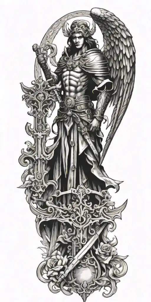 Archangel With Mask Holding Sword Piercing Ground With Cross