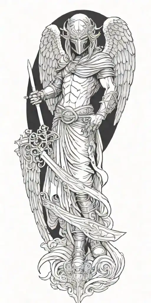 Archangel With Mask Holding Sword Piercing Ground With Cross