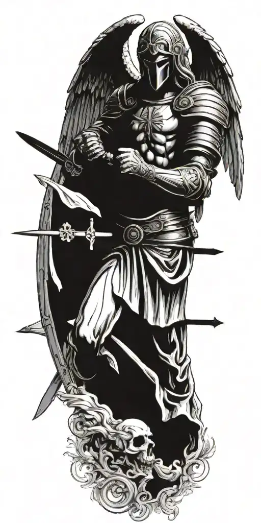 Archangel With Mask Holding Sword Piercing Ground With Cross With Scripture