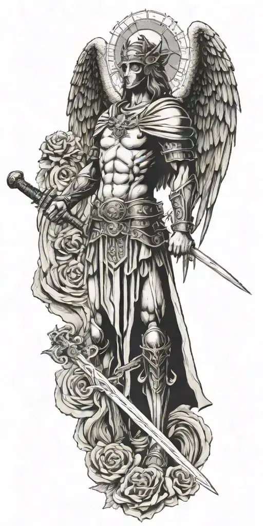 Archangel With Mask Holding Sword Piercing Ground With Cross With Scripture