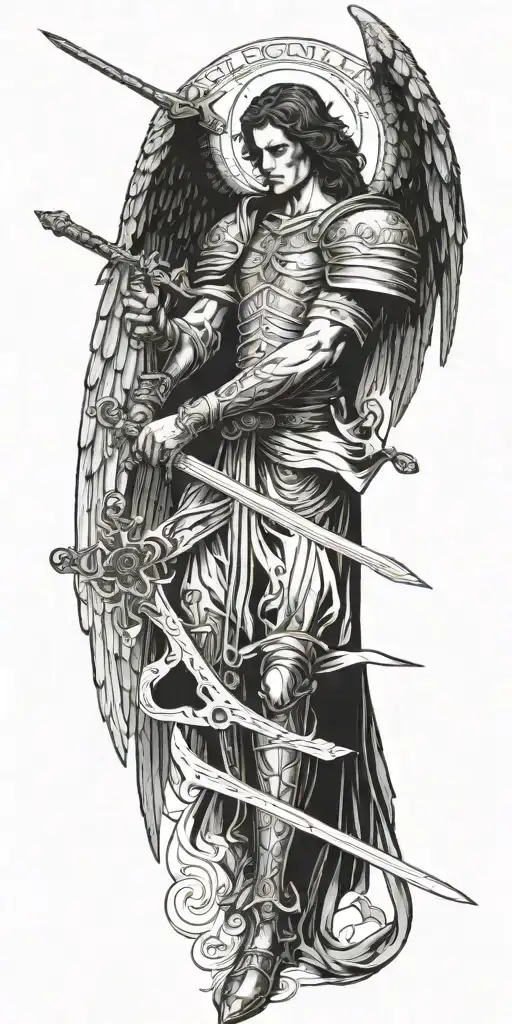 Archangel With Mask Holding Sword Piercing Ground With Cross With Scripture
