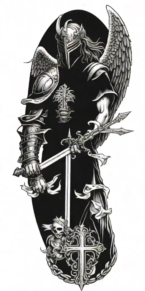 Archangel With Mask Holding Sword Piercing Ground With Cross With Scripture