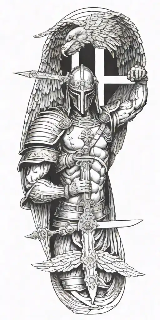 Archangel With Mask Holding Sword Piercing Ground With Cross With Scripture