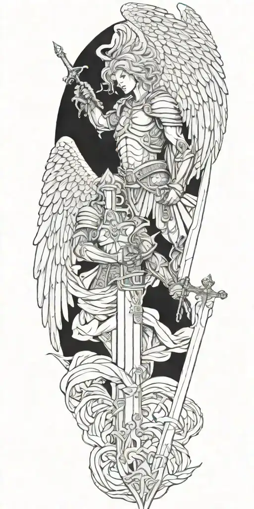 Archangel With Mask Holding Sword Piercing Ground With Cross With Scripture