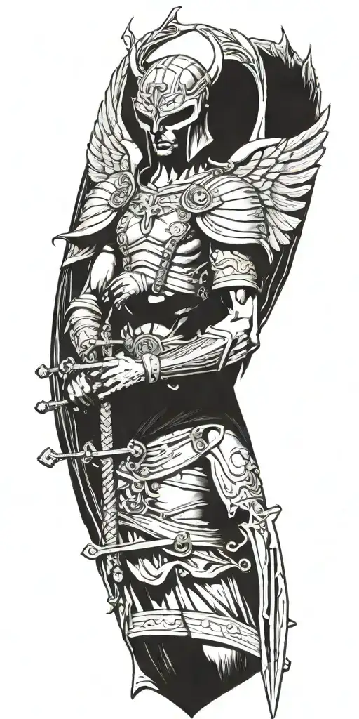 Archangel With Mask Holding Sword Piercing Ground With Cross With Scripture