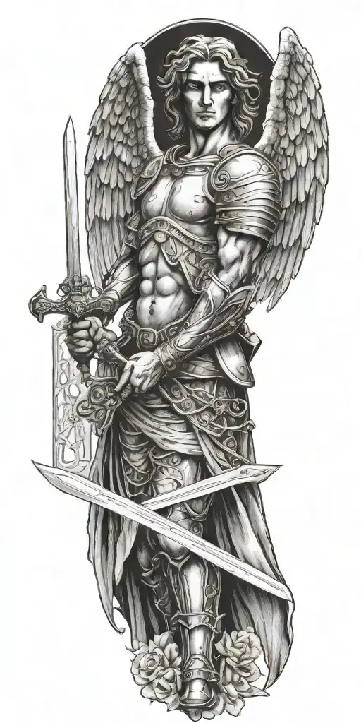 Archangel With Mask Holding Sword Piercing Ground With Cross With Scripture