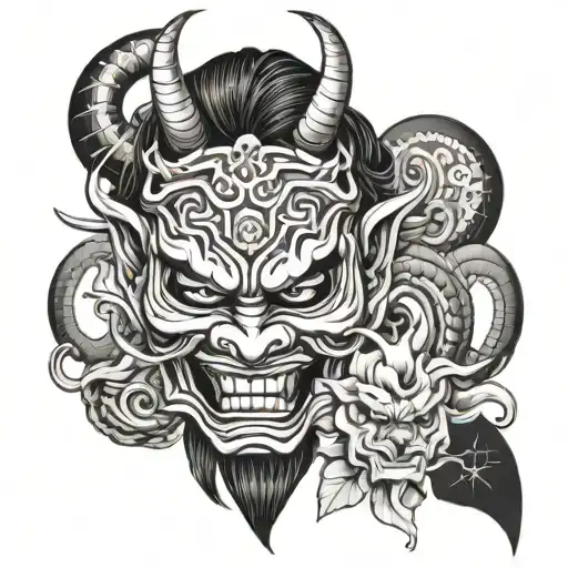 Japanese Oni Mask With Demon Woman Behind