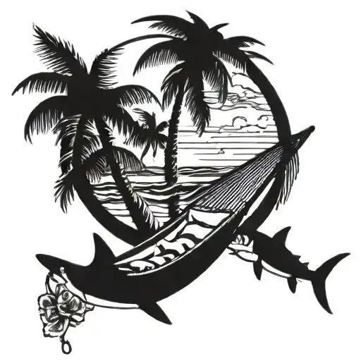 A Vacation Scene With A Palm Tree Hammock And A Shark Swimming In The Background