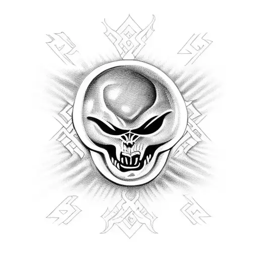 A Blackwork Design Of Blink 182'S Logo Merged With An Alien Head