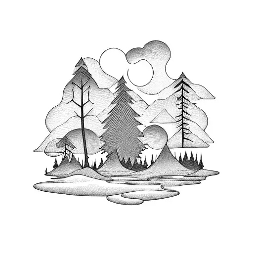 A Blackwork Tattoo Of A Forest Landscape With Hidden Words In Different Languages