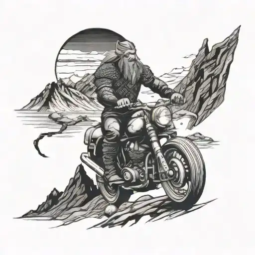 A Viking Warrior Riding A Motorcycle Through A Mountainous Landscape