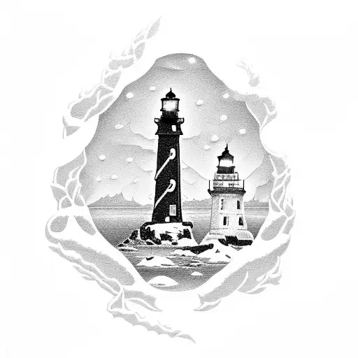 A Blackwork Tattoo Of A Lighthouse On A Snowy Cliff Overlooking A Frozen Lake