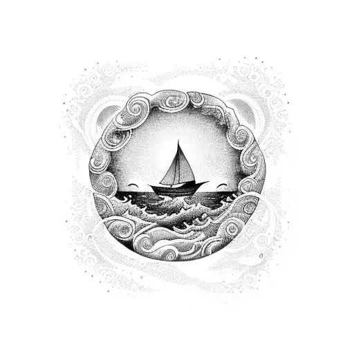An Intricate Dotwork Tattoo Of A Serene Beach Scene With Crashing Waves