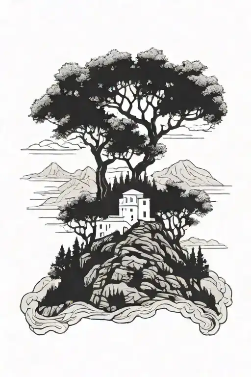 Greek Mountain Scene With Trees