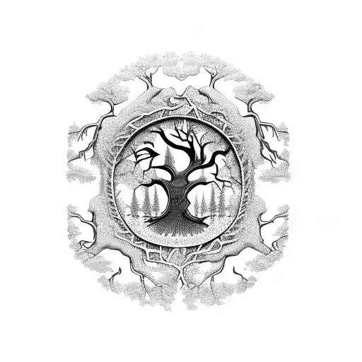 Dead Tree Of Life With No Leafs And Skulls In The Bark And Branches And Roots Of The Tree