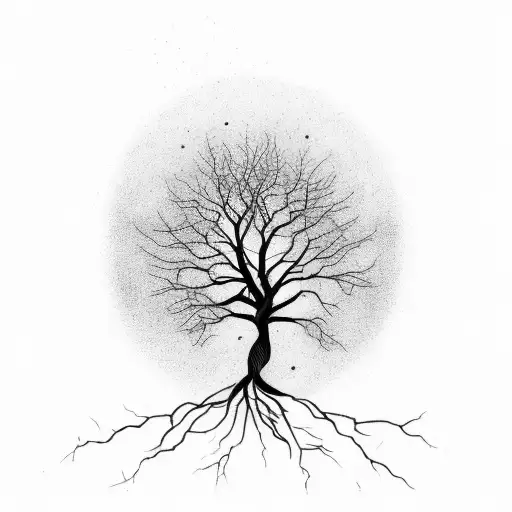 Dead Tree With Lines Around The Tree And Roots Below The Tree