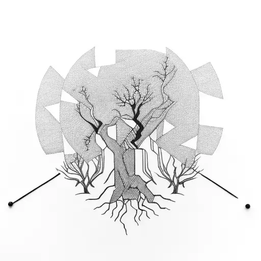 Dead Tree With Geometric Lines And Shapes As Line Work With Roots On Tree