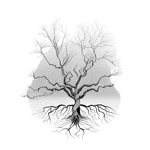 Dead Tree With Lines And Shapes As Line Work With Roots On Tree
