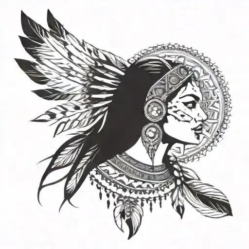 Native Indian Woman With A Feather Headset Into Mandala