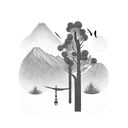 Forest With Mountains And Crows Flying Overhead