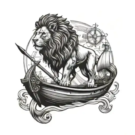 A Majestic Lion Standing On A Boat With Poseidon's Trident In The Background
