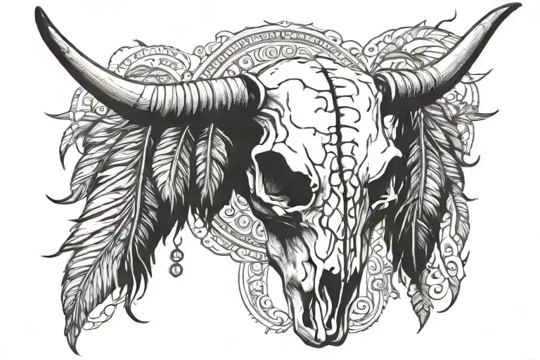Boho Longhorn Cow Skull With Feathers Hanging