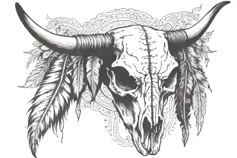 Boho Longhorn Cow Skull With Feathers Hanging