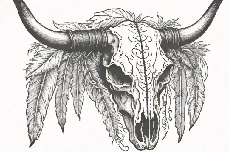Boho Longhorn Cow Skull With Feathers Hanging