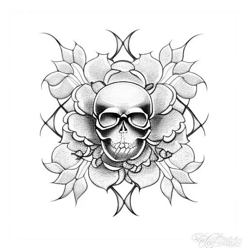 A Blackwork Tattoo Depicting A Skull Intertwined With Delicate Flower Vines