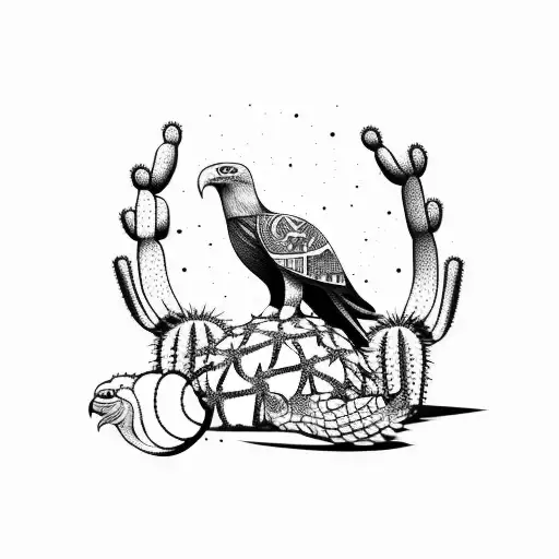 Desert Background With Eagle On A Cactus Holding A Snake