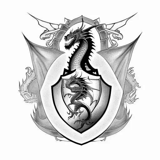 Mystical Dragon Sitting On A Shield With A Coat Of Arms On It