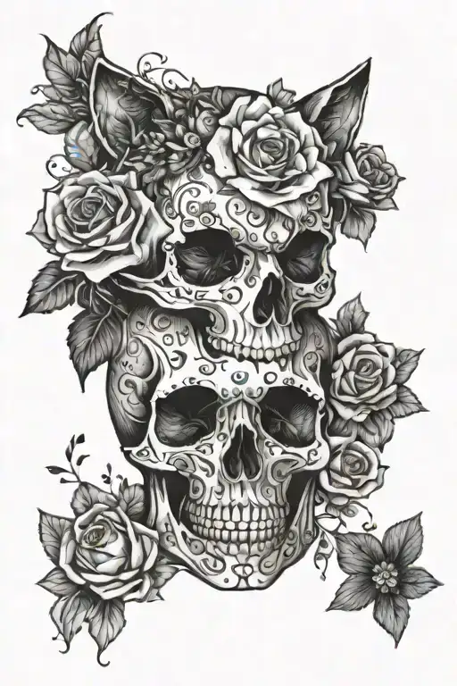 Skull With Torso Holdikg A Cat With Flowers Surrounding Them And Sparkles