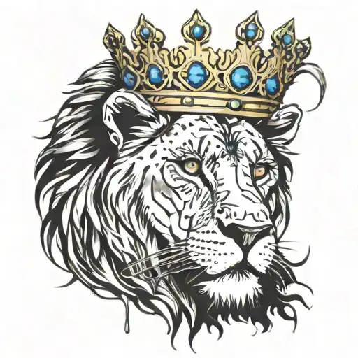 Lion With Blue Eyes And Gold Crown Dripping On Eye