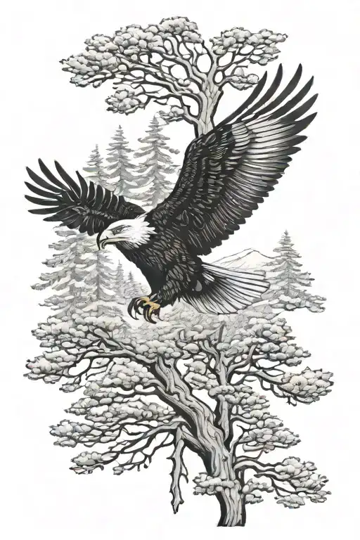 A Majestic Eagle Soaring Through A Forest Of Pine Trees