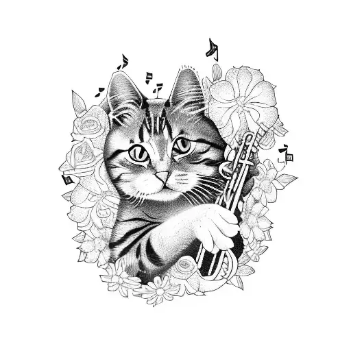 A Cat Playing A Musical Instrument Surrounded By Flowers