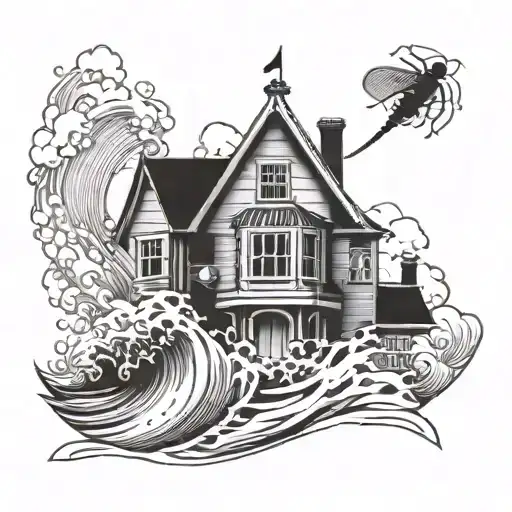 A Wave Breaking Into The Shape Of A House With A Cricket Wicket In The Foreground
