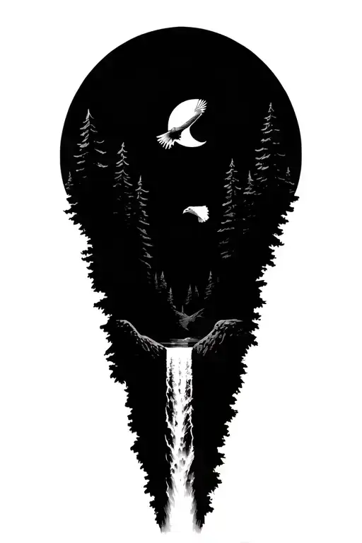 Forest With A Waterfall In The Middle And A Bald Eagle Flying With A Moon In The Background