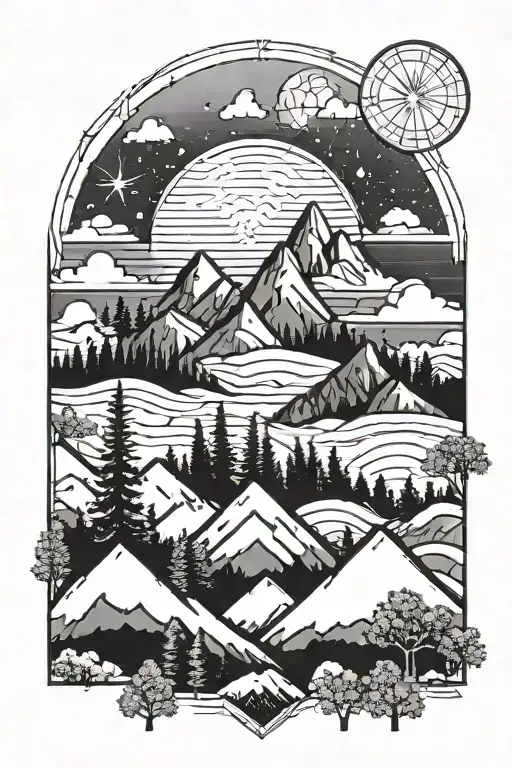 Geometric Mountains And Trees Colors Sunset